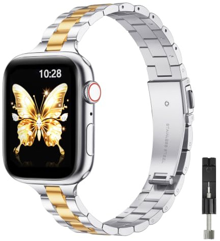 GEARYOU Ersatzarmband Kompatibel mit Apple Watch Armband 42mm(Series 11 10) 40mm 38mm 41mm Damen Herren,Slim Edelstahlarmband für iWatch Series 11/10/9/8/7/6/5/4/3/2/1,SE 3 2 1,Silber/Golden