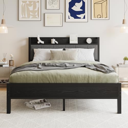 BORPHOM King Size Bed Frame with Storage Wooden Headboard,Heavy Duty Metal Upholstered Platform Bed Frame King Size,Mattress Base/Sturdy Steel Slat Support/Under-bed Storage/Noise Free/Black