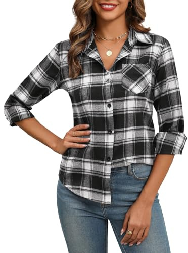 Zeagoo Dam rutig blus långärmad v-ringad skjorta elegant traditionell blus Oktoberfest blus tunika toppar casual button-down blusar S–XXL, Svart vit, M