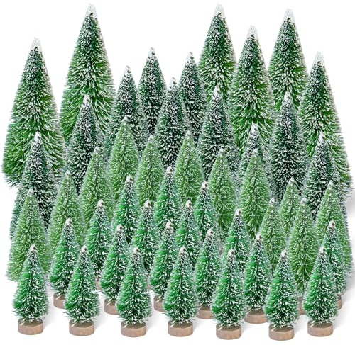 Mini Künstlich Weihnachtsbaum, Btowin VCF 48 Stück Miniatur Schneeeffekt Kiefernbaum Tannenbaum Grün mit Holzsockel DIY Christbaum Weihnachtsdeko für Party Tischdeko Schaufenster Figuren 4/6/8/12cm