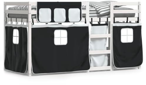 Sufrk Etagenbett mit Vorhängen Weiß & Schwarz 90x190 cm Kinder Etagenbett Kinderbett Doppelbett Kinderhochbetten Bett Kiefernholz