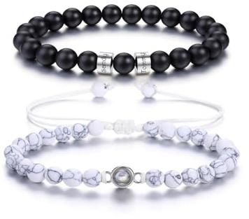 PiercingJak 2er Partnerarmbänder mit Gravur Bild Projektion Armband mit Foto im Stein Damen Herren Namen Perlen Armbänder Edelstein Liebe Schmuck Personalisierte Geschenke für Partner Pärchen Paar