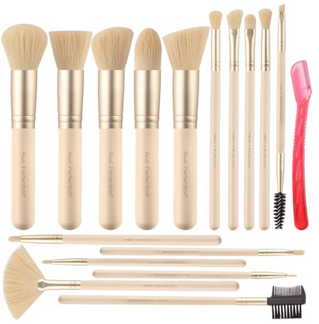 Real Perfection Makeup Brush Set 16 Pcs with 1 Eyebrow Razor Premium Synthetic Foundation Powder Concealers Eyeshadow Blush Makeup Brushes Make up Brushes Kit (Beige)