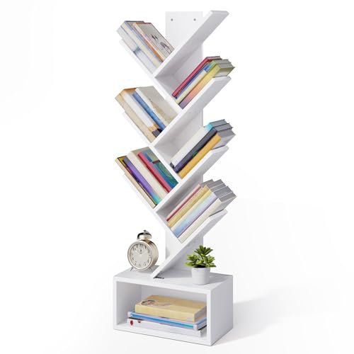 Xbro Bücherregal Baumform,Bücherregal 7 Ebenen,Bücherregal Baumform mit Schublade,Baum CD DVD Regal Weiss,Freistehendes Bücherregal Holz für Wohnzimmer, Schlafzimmer, Heimbüro,38 x 19.5 x 113 cm,Weiß