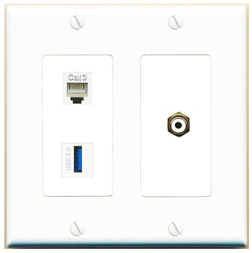 RiteAV Placa de pared hembra hembra hembra para teléfono RCA-blanco USB-3 de 2 bandas, 1 puerto [blanco]