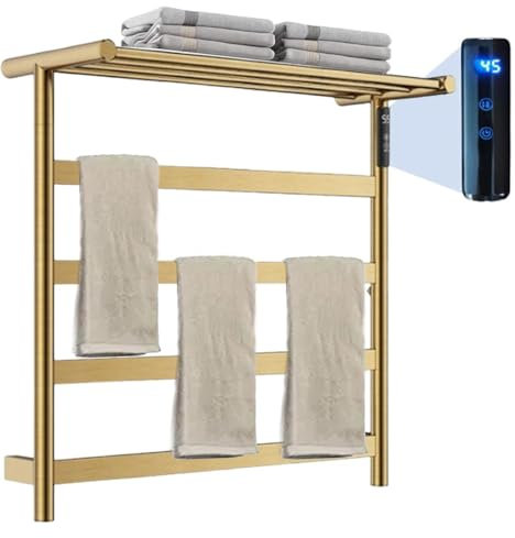 Soflightmok Scaldasalviette Elettrico per Bagno, Scaldasalviette Elettrico A 5 Bar con Ripiano Superiore, Asciugatrice A Parete - 45-60 ℃ Temperatura Regolabile, Timer - per Hotel, Spa, Camper,Gold