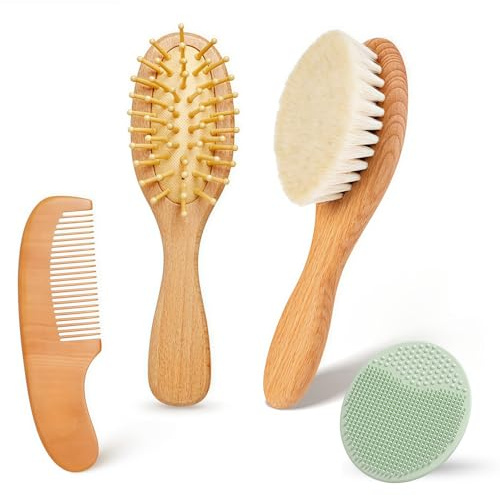 Baby-Haarbürste und Kamm-Set – 4-teiliges Kleinkind-Haarbürste mit weichen Borsten, natürlicher Holzgriff, Babypflegeset für Neugeborene, Baby-Essentials, Wiegenkappenbürste
