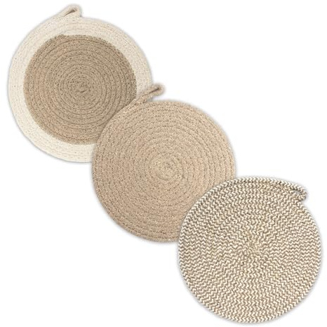 Encasa XO Runde Topfuntersetzer Mit Aufhängeöse | Beige Combo - Set aus 3 Mit 18 cm Durchmesser | Baumwoll-Runde Dicke Hitzebeständige | Für heiße Töpfe und Pfannen verwenden