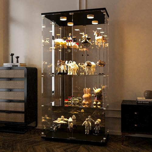 LIVLUX Vitrine aus Glas,164 x 80 x 36 cm,4 Einlegeböden,Stehender Glasschrank mit led Beleuchtung und 2 Türen, Schloss,Sammlervitrine,transparenter Bodenschrank für Wohnzimmer, Schlafzimmer,Schwarz