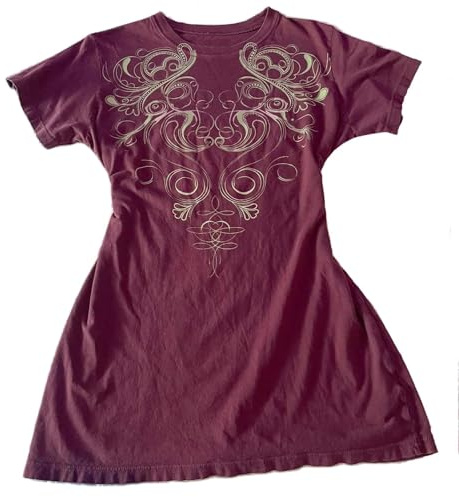 Gotiska grafiska grunge-t-shirts för kvinnor och tonårsflickor, emokläder i vintagestil, kortärmad fairy grunge-t-shirt, estetiska toppar med rund hals, för sommar, Vinrött, S