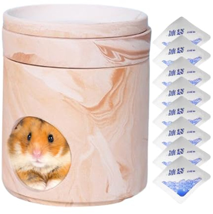 Hamster Hütte - Hamster Keramikkühlhaus | 5.28x5.28x6.42 Zoll | Hamsterhaus und Lebensräume | Tierpflegeversorgung mit acht Eisbeutel Kühlraum zum Verstecken von Nistbasenspiel