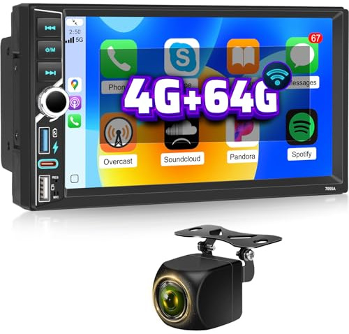 NHOPEEW 4+64G 2 din Android-bilradio stöder trådlös carplay och android auto - 7 tums radio 2 din med WiFi GPS FM RDS EQ rattkontroller backkamera