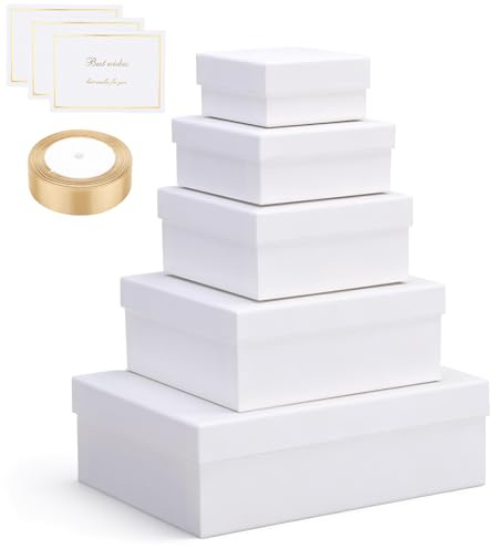 EUSOAR Geschenkbox Weiß - 5 Stück Geschenke Boxen Set - Geschenkkartons mit Deckel für Verpackung Hochzeit Geburtstag - Weiss Pappkarton Gift Boxes mit Geschenkkarte Schleifenband