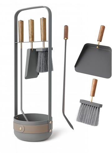LIVLIG Kaminbesteck Modern - Hochwertiges Ofenbesteck mit Schürhaken, Kaminbürste & Ascheschaufel – Design Kaminzubehör für Kamin & Ofen, Grau