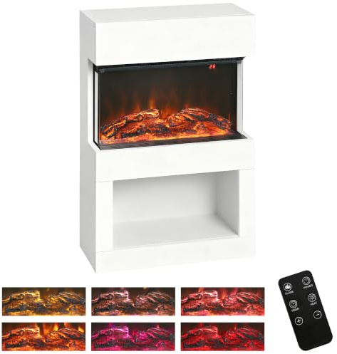HOMCOM 19 Electric Fireplace with Surround, 3D Flame, 6 Colours White | 3 Brightness Levels, 1000W/2000W Electric Fire and Mantel, Reach up to 30㎡ Space, Remote & Timer, 3 Sided View