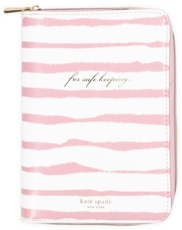 kate spade new york Travel Jewelry Folio, Goddess Stripe | 8.5 x 6 Organizer with Zippered Pockets, Tabs & Tracker Pocket, Pink Leatherette Case for Earrings, Necklaces, & Bracelets