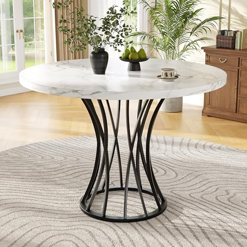 Merax Tavolo da pranzo rotondo 80 x 80 cm, bianco marmo, tavolo da pranzo per 2-4 persone, telaio in metallo, gambe regolabili, design industriale, adatto per ristoranti, soggiorno, cucina, sala da