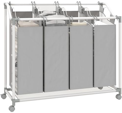 HOMCOM Cesto de ropa sucia con 4 compartimentos 160 L Cubo de ropa sucia con ruedas, bolsa de ropa sucia extraíble, Cestos de ropa sucia Caja de ropa sucia Clasificador de ropa sucia Carro de ropa