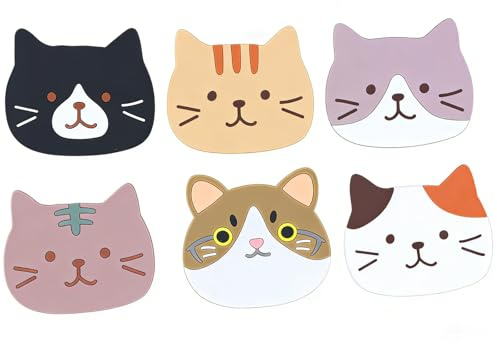6 Stück Katze Silikon Untersetzer, rutschfest Und Hitzebeständig Untersetzer Gläser, Glasuntersetzer Geeignet Für Esstische, Schreibtische, Büros, Getränke, Möbel Und Küchen(10x8cm)