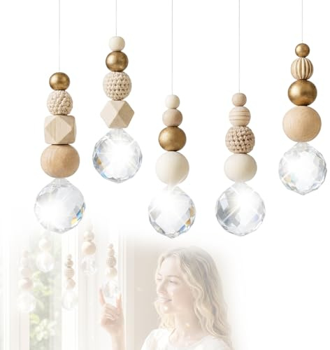 Kristall Sonnenfänger, 5 Stück Suncatcher mit Holzperlen & Kristallkugel | Kristalle zum Aufhängen Lichtspiel Handgemacht für Wohnzimmer Schlafzimmer Büro Fenster Garten Deko, Regenbogen Lichtreflexe