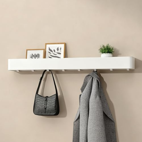 doporro Wandgarderobe mit Ablage, Garderobenleiste Weiß 80 cm, 8 Haken | Garderobenhaken als Jackenaufhänger & Garderobe, Kleiderhaken Wand ohne Bohren oder mit Bohren für Flur, Bad & Küche