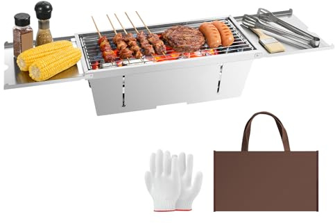 Uten Portable Folding BBQ Grill, Stainless Steel Charcoal Barbecue with Folding Condiment Plate, Storage Bag, Gloves, Desk Tabletop BBQ for Garden Outdoor Beach Cooking Camping Hiking Picnics