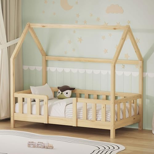 ML-Design Kinderbett Hausbett 70x140 cm mit Rausfallschutz, Dach & Lattenrost, Natur, Bettgestell aus massivem Kiefernholz, Montessori Bodenbett, Holzbett für Mädchen & Jungen, Jugendbett, Einzelbett