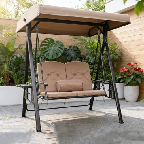 Silla oscilante para patio al aire libre con toldo ajustable, marco de acero resistente, cojines gruesos y 2 portavasos laterales, muebles de 3 plazas para todo tipo de clima