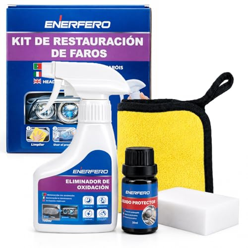Enerfero Pulir faros coche 【Nuevo modelo 2026】, Kit de polímero líquido para faros, Kit completo para restauración de faros de coche opacos y amarillentos Limpieza + Sellado de plástico Paño Esponja