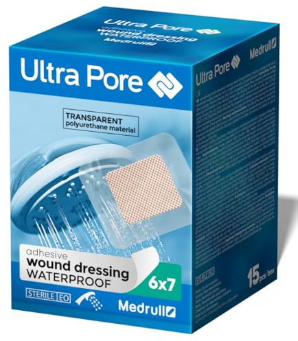 Medrull 100% Wasserfestes Wundpflaster ULTRA PORE 6x7 cm 75 Stück Wasserfestes Pflaster - Steril, Transparent, Ideal zum Duschen, Sport, Baden