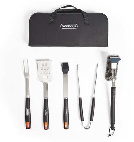 VonHaus BBQ Tool Set & Storage Case, 5 Piece Barbeque Accessories Kit, Includes Spatula, Fork, Tongs, Basting Brush & Cleaner, Heavy Duty Stainless Steel BBQ Utensil Set for Outdoor Cooking