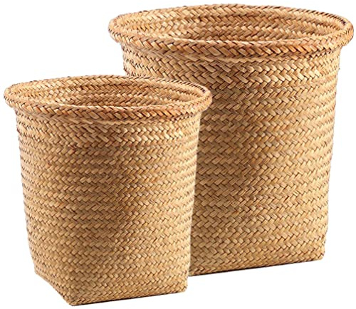 NOLITOY 2 Pièces Corbeille À Déchets en Jonc De Tissé Poubelle en Osier Corbeille À Papier Ronde Poubelle en Rotin Panier À Linge Pot pour Chambre Salle De Bain Cuisine Bureau À