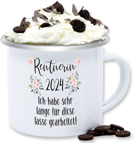 Emaille Blechtasse - Tassen - Rentnerin 2025 - Ich habe sehr lange für diese Tasse gearbeitet - 300 ml - Weiß Silber - pensionär abschied rente kollegin teetasse retirement 2024 kaffeetasse
