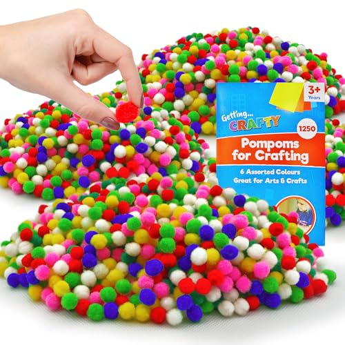 SOL 1,250 Mini Pompoms for Crafting - 8mm Small Pom Poms, Soft, Fluffy, Craft Supplies for Kids and Adults, DIY Projects, Party Crafts, School Activities, Assorted Colours, Creative Crafts Decorations