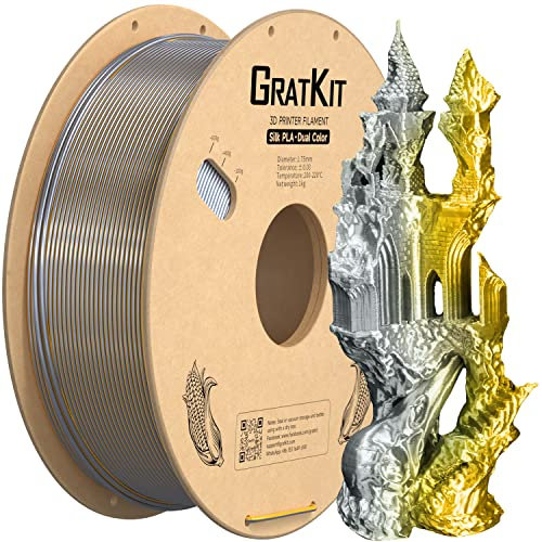 GratKit Dual Color Silk PLA Filament 1,75mm 1kg Spule, Zweifarbiges 3D-Drucker Filament mit +/-0,03mm Präzision, Einfach zu drucken, Gold Und Silber