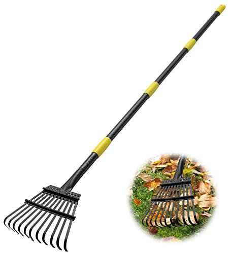 DAKEPOLE Rastrello da giardino, 150 cm, stabile, 11 denti in metallo, larghezza 21 cm, manico in acciaio regolabile, per la raccolta di detriti sotto aiuole, piante delicate, prato, cortili