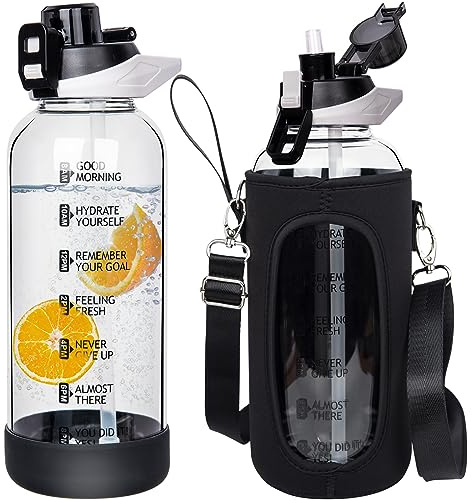 Seekua 1.5l Sport Gourde Verre avec Paille & Heure de Motivation 1.5 litre grande Bouteille d'eau Verre Réutilisable sans BPA avec Marqueur de Temps