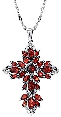 KnSam 925er Silber Halskette Echtschmuck, Kreuz Anhänger mit Garnet - Rot & Marquise, Sterlingsilber Damen Halsketten Modern für Frauen, Silber Rot, 45cm