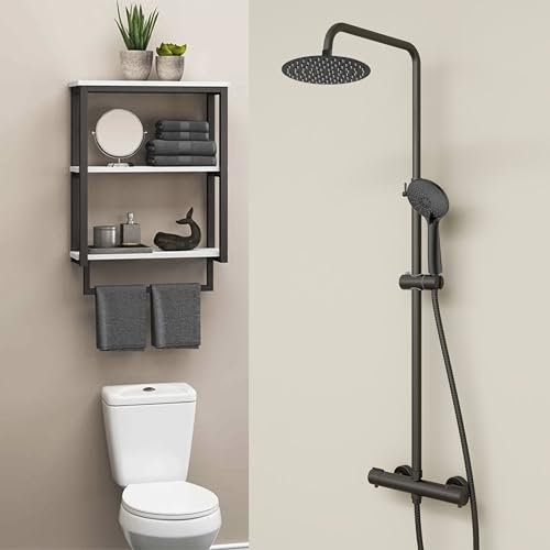 Colonna Doccia, AICA ITALY, Miscelatore Doccia Idromassaggio Termostatico, Gruppo Doccia Completo di Soffione Acciaio Inox da 20cm e Doccetta a 3 Getti, Asta Doccia Regolabile 73-117cm, Nero