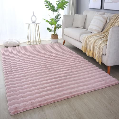 HomebyHome Teppich Läufer 80x150 cm Rosa, Flauschiger Kunstfell Teppich in Felloptik mit Hoch-Tief Struktur & Bubble-Design, Super Weich, Plüschig für Wohnzimmer & Schlafzimmer