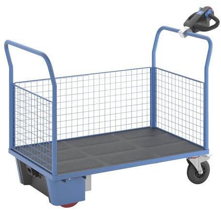 eurokraft | Plattformwagen mit Elektroantrieb | 3 hohe Gitter-Wände | LxBxH 1620 x 800 x 1300 mm