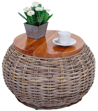Mendler Beistelltisch HWC-M30 rund 33x49x49cm Kubu Rattan Natur | Rattantisch, Blumentisch, Kaffeetisch, Loungetisch, Holztisch
