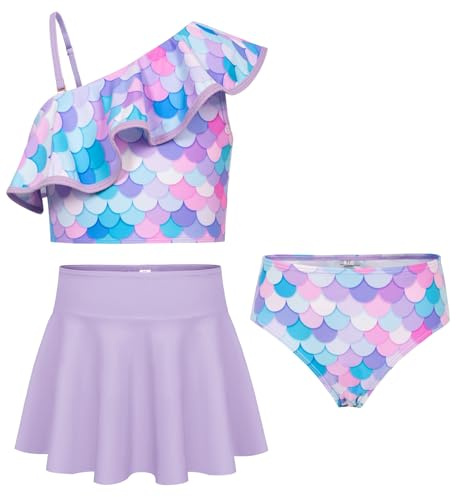 GRACE KARIN Mädchen Dreiteiliges Bikini Set Tankini Verstellbar Schultergurt Oberteil mit Bikinibrief und Schwimmrock Lila 8 Jahre