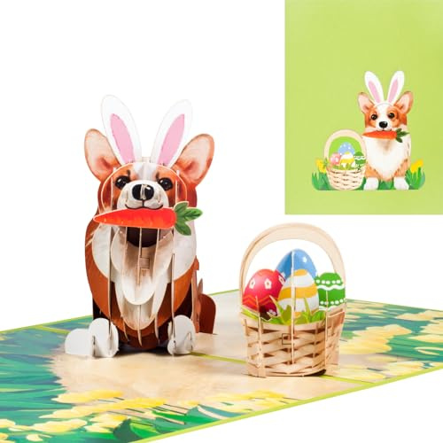 Pop-Up Karte Ostern,3D Ostereier und Corgi Karte mit Umschlag,Farbe Osterkarte für Kinder