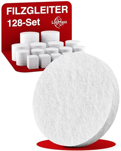 LouMaxx Självhäftande filtglidare, vit, set om 128 (runda och fyrkantiga), filtskydd för stolar, möbelglidare med en tjocklek på 3 mm och hög vidhäftning, filtskydd för känsliga golv