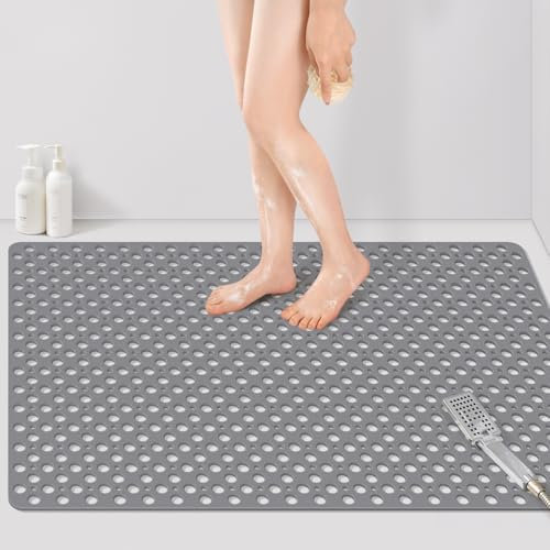 Yolife Extra Large Shower Mat, 120x80CM Non Slip Shower Mat for Inside Shower with Drain Holes and Suction Cups for Bathroom, No Odor Oversized Stand up Shower Stall Mats,Grey