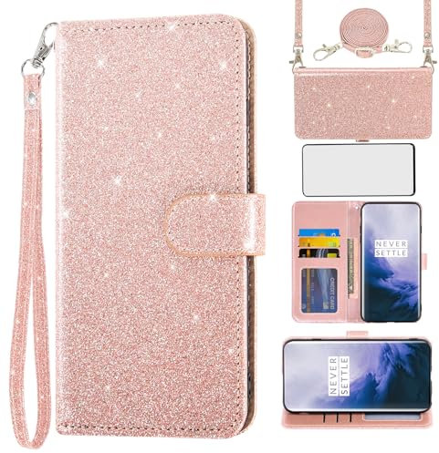 Asuwish Funda para OnePlus 7 Pro, funda con cinta protectora de pantalla, tarjetero, plegable, brillante, piel, monedero, soporte 7Pro GM1913, funda protectora para teléfono móvil, color rosa