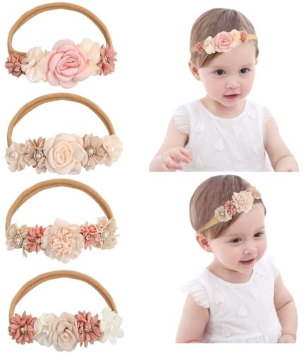 Nylon Blumenstirnbänder, 4 Stück Blume Elastisches Haarband für Baby Mädchen und Kinder - Weich für Neugeborene, Säuglinge und Kleinkinder