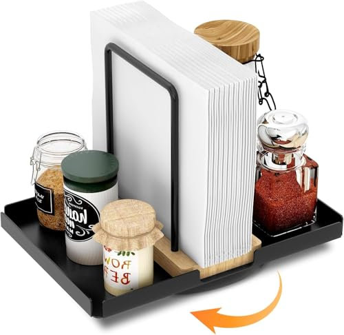 STWWO Porte-serviettes Rotatif de Table Support de Serviette Papier avec Porte-épices Porte Serviette Distributeur de Serviettes Décoration pour La Maison Cuisine Restaurant, Métal & Bois, Noir