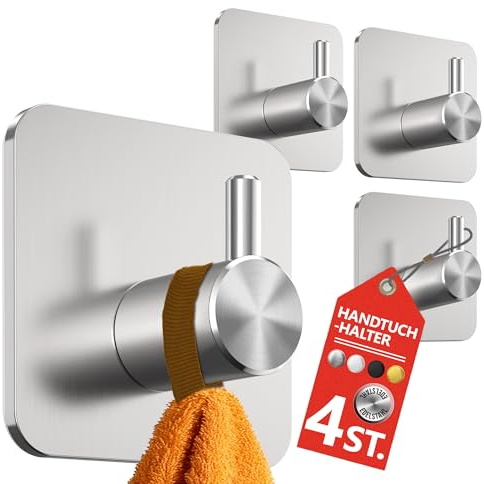 4smile Handtuchhalter ohne Bohren, 4 Stück in Silber | Wasserfeste Badezimmer Handtuchhalter, Edelstahl Klebehaken für Bad, Küche - Extra-starke Haken selbstklebend, Handtuchhaken